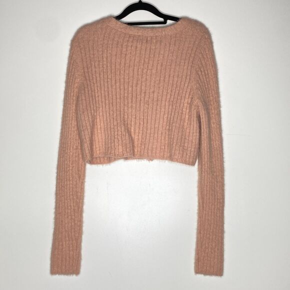 Forever 21 Ribbed Knit Fuzzy Crop Cardigan Sweater Women's Size Large - Picture 6 of 7